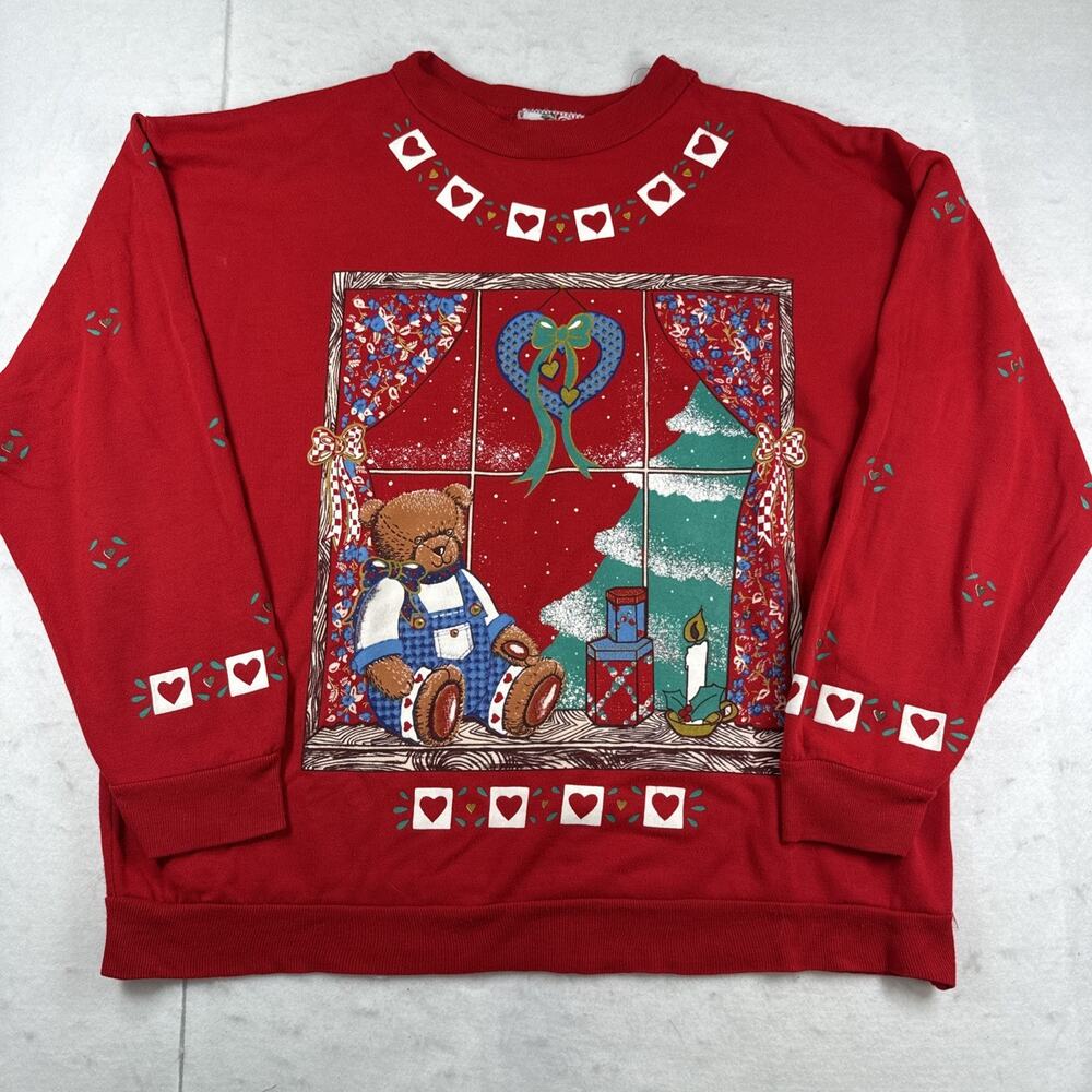 Vintage NutCracker Christmas Sweatshirt Medium Red Teddy Bear Crewneck USA